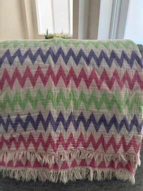 Hand Loomed Turkish Towel/ Throw- Chevron Fringe  in Pink, Green & Blue